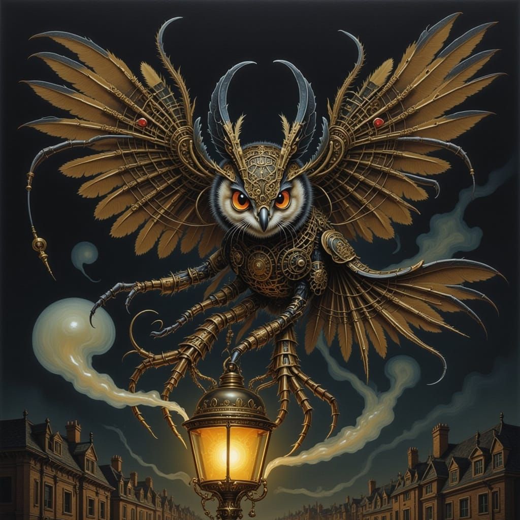 Steampunk Owl on Victorian Lamppost