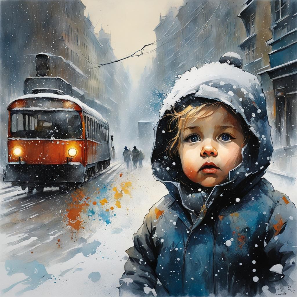 Toddler in Blizzard: Detailed Graffiti Street Art