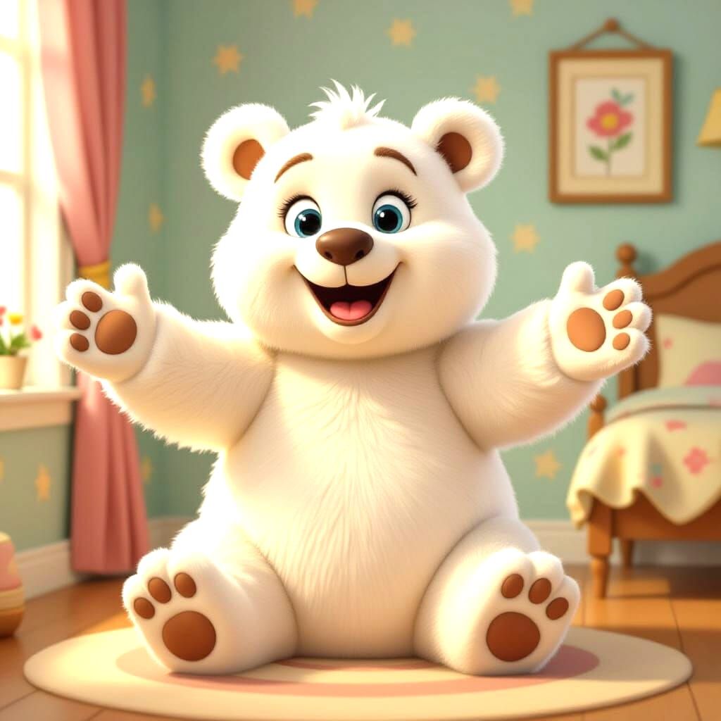 Giant White Teddy Bear Giving Hugs in Cozy Bedroom