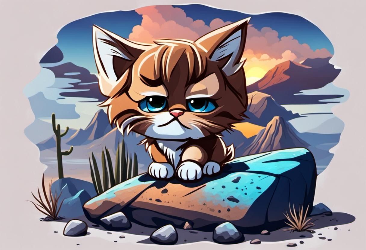 Grumpy Kitten at Desert Sunset Landscape