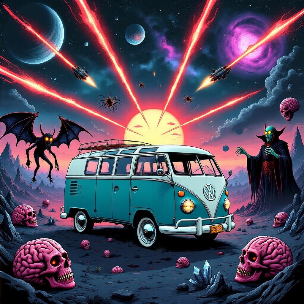 Vintage Van in Surreal Cosmic Dreamscape