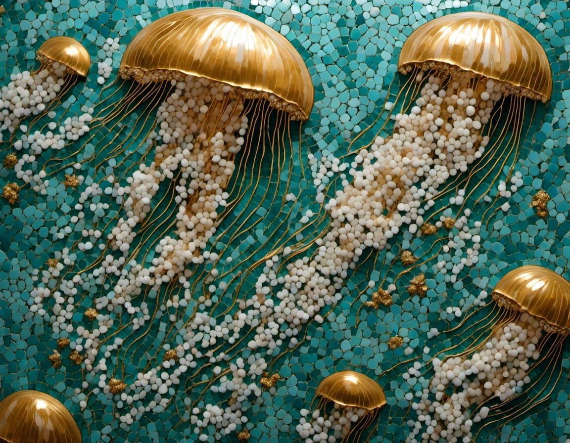 Jellyfish in Polished Mosaic with Marble and Gold