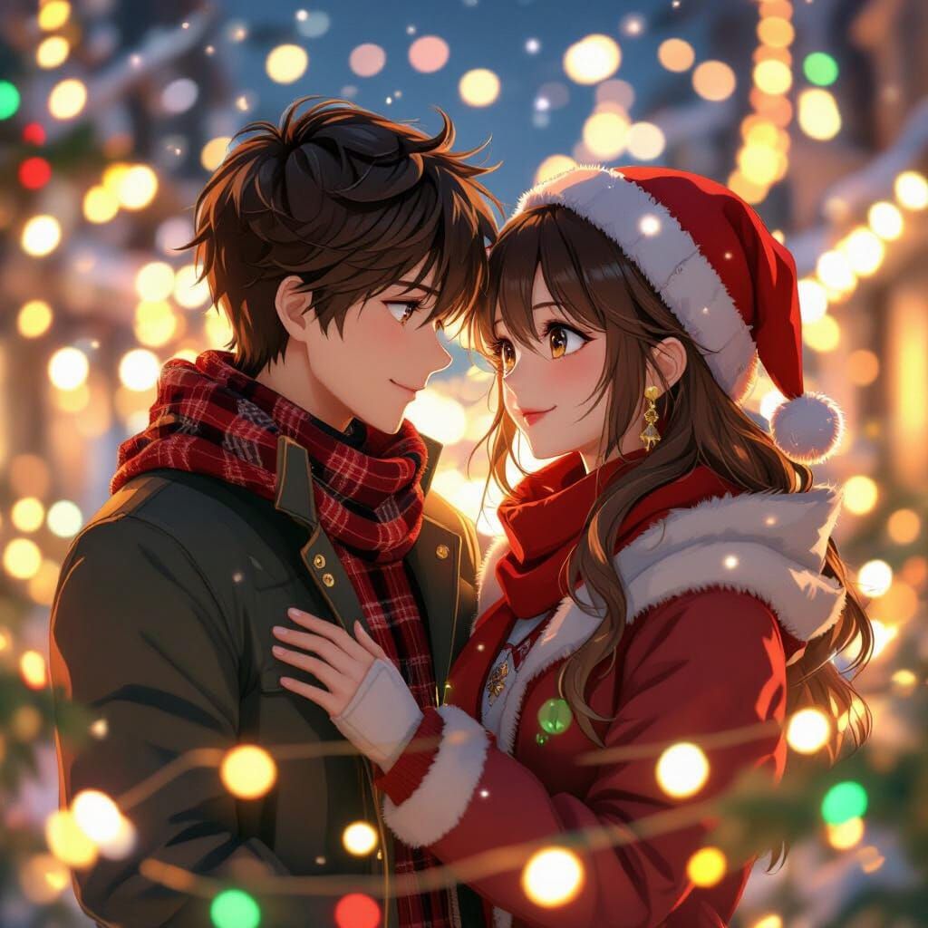 Couple in Love Amidst Dazzling Christmas Lights