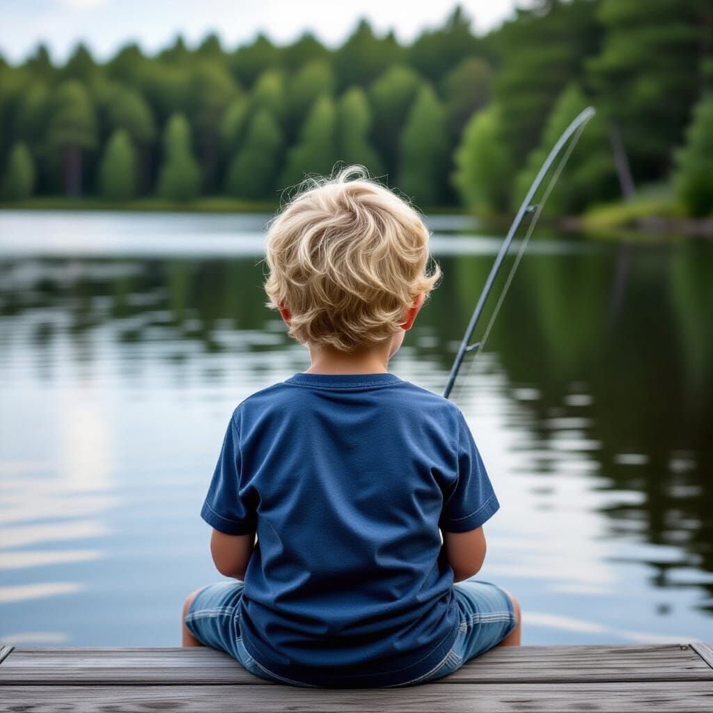 Blonde Boy Fishing on a Dock at Sunrise