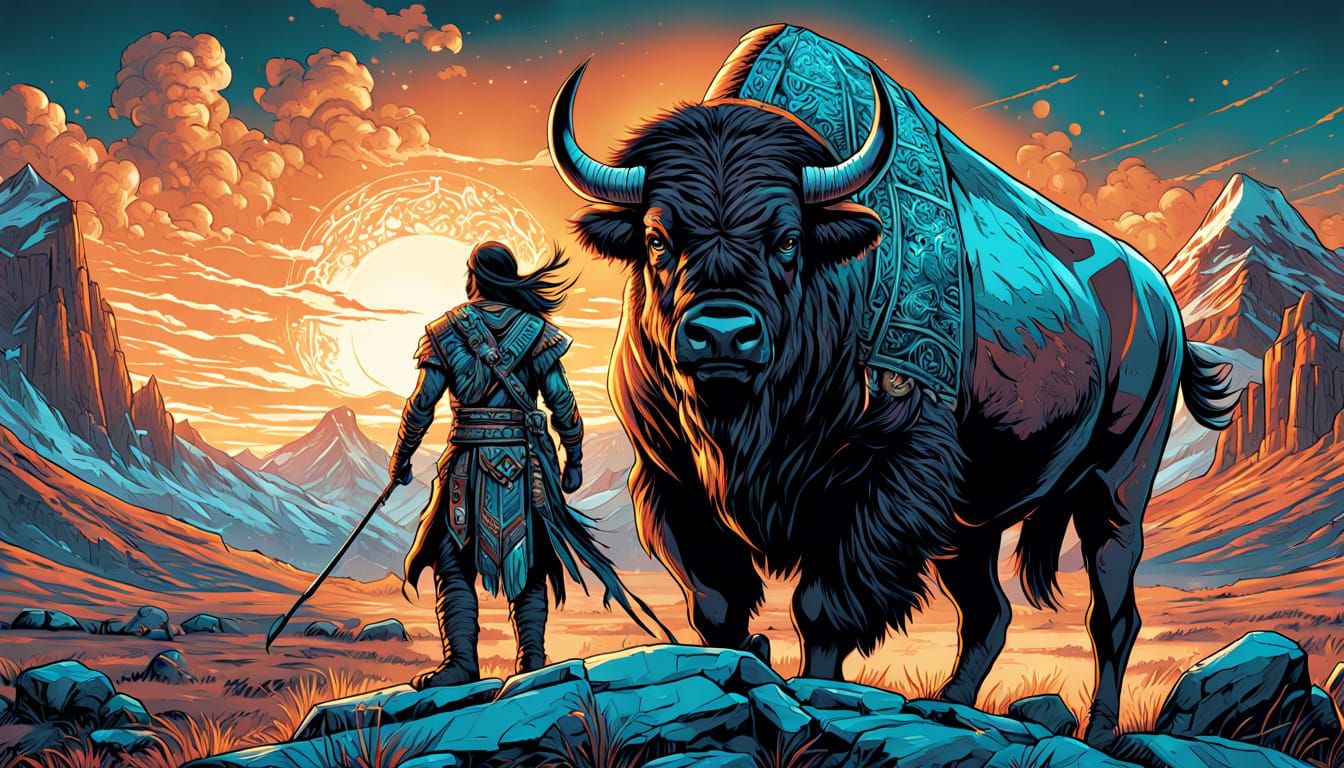 Native American Warrior in Vibrant Comic Book Art