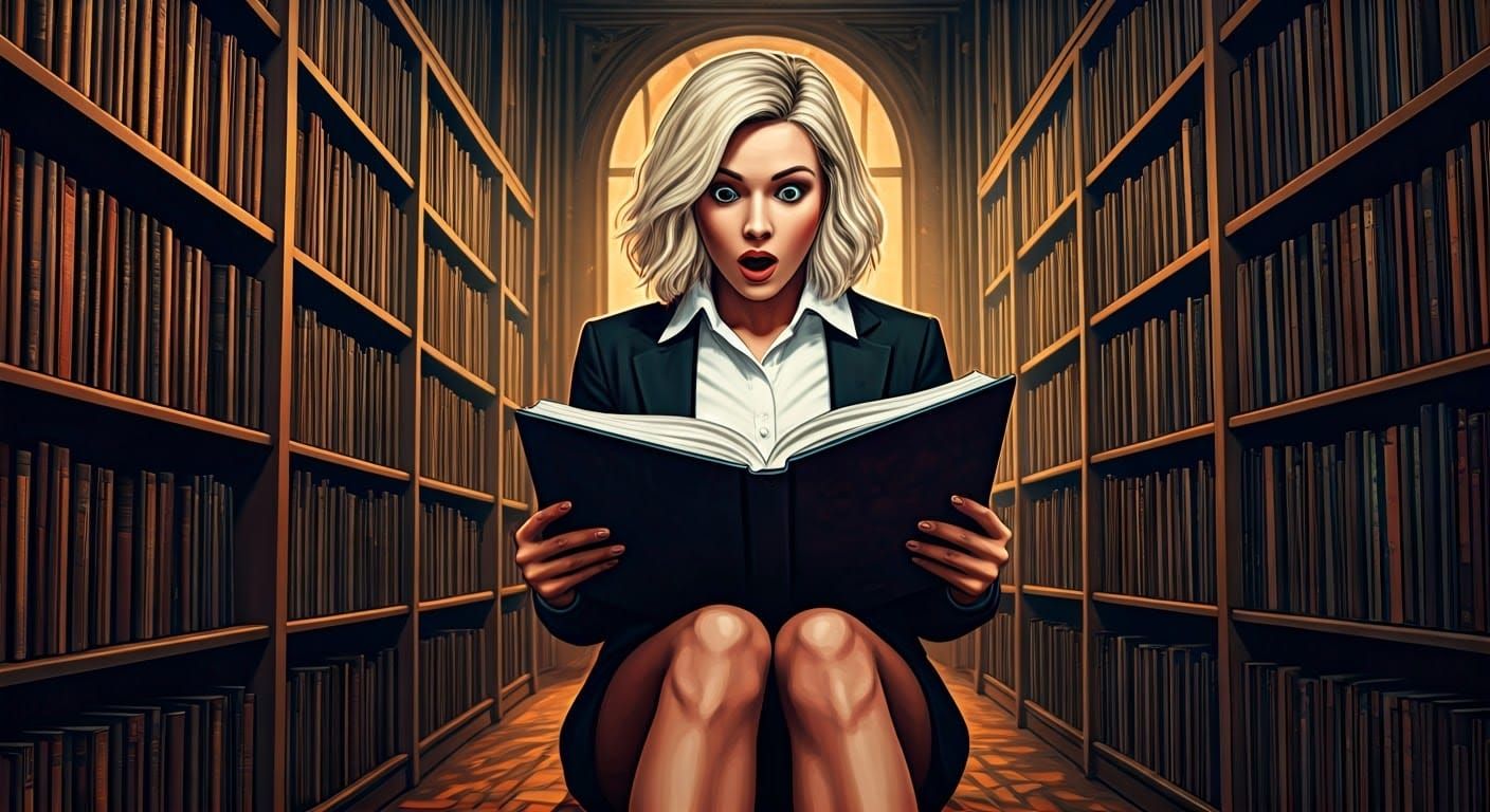 Vibrant Graffiti Art of a Surprised Blonde Woman in a Librar...