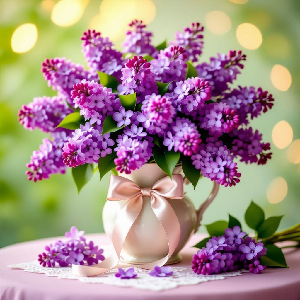 Gorgeous Lilac Bouquet with Ribbon on Pink Table