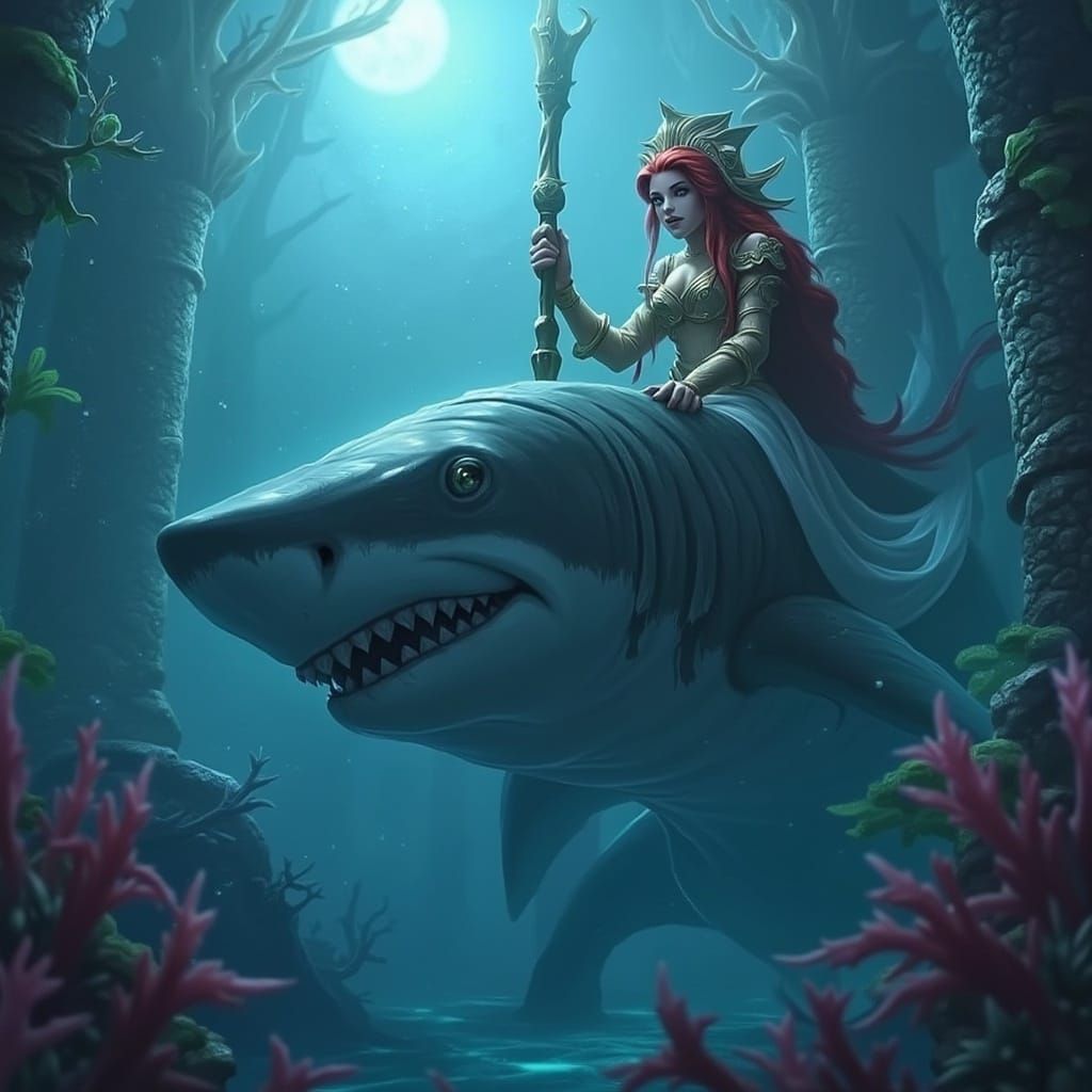Regal Redhead Rides Shark in Rococo Atlantis
