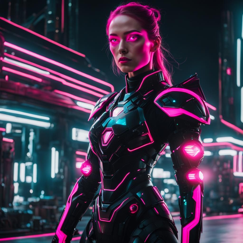 Woman in Futuristic Armor with Neon Pink Eyes