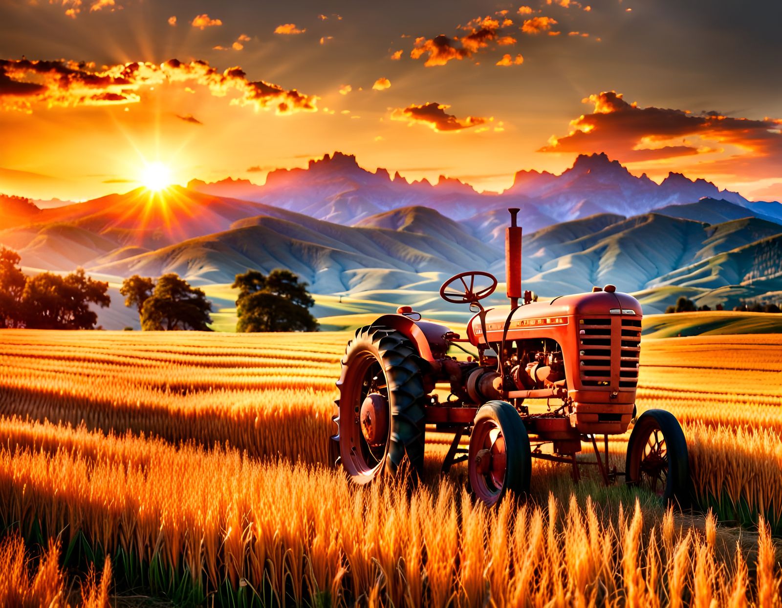 Antique Tractor in Wheat Field at Sunset