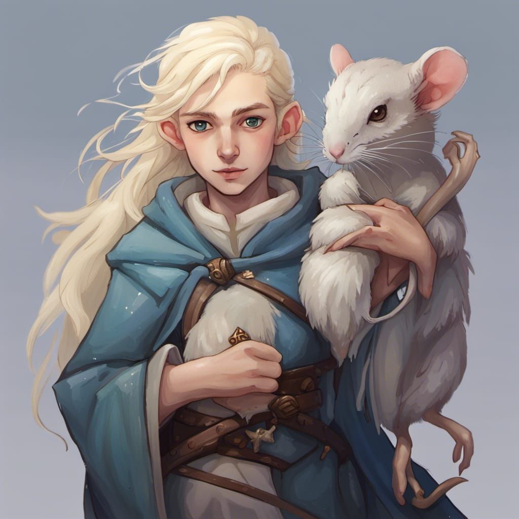 Young Ice Wizard with Rat Familiar, Fantasy Art