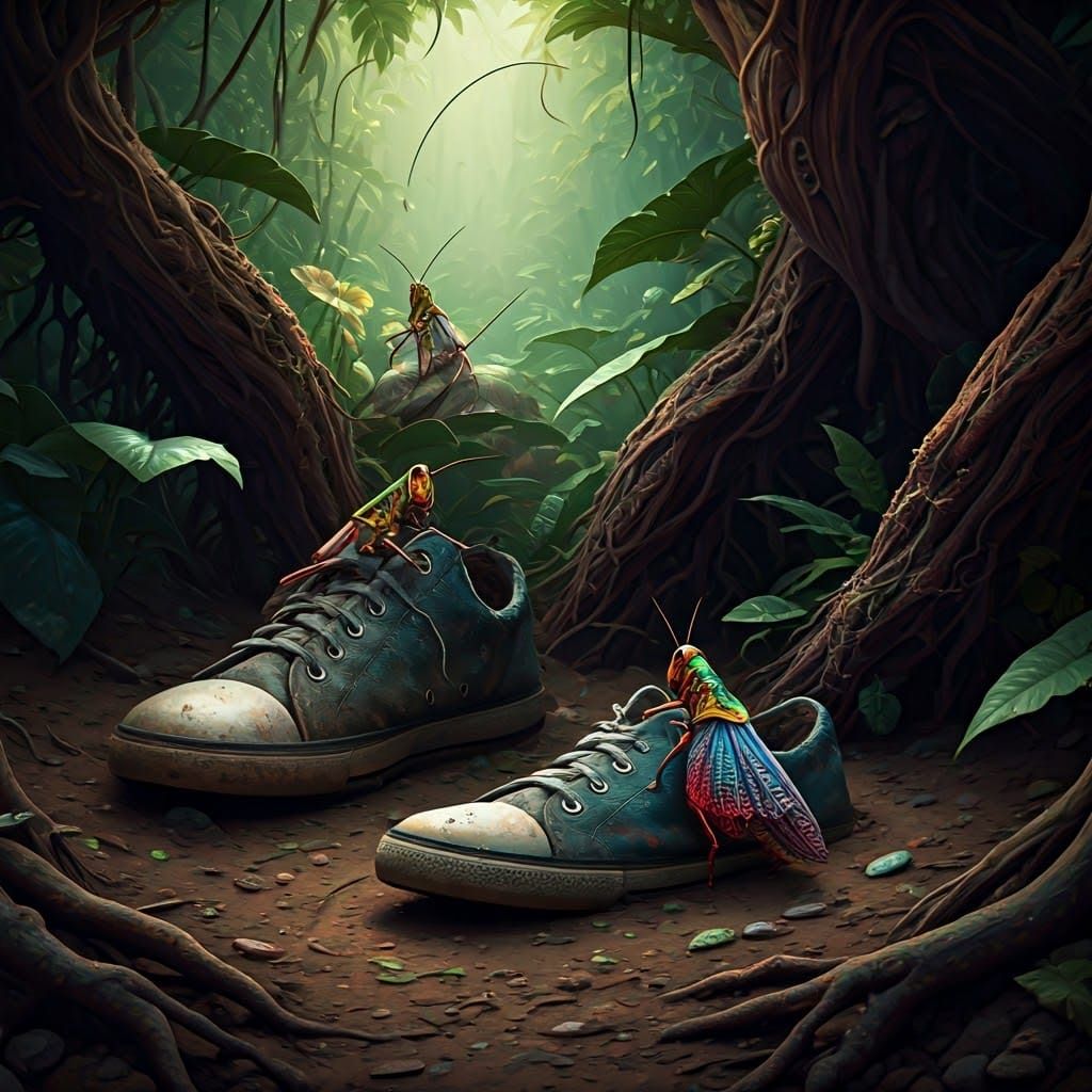 Grasshoppers on Worn Shoes in Dreamlike Matte Painting