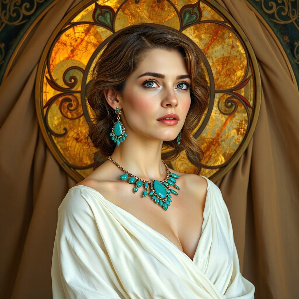 Woman in White Gown with Turquoise Jewelry, Art Nouveau Styl...