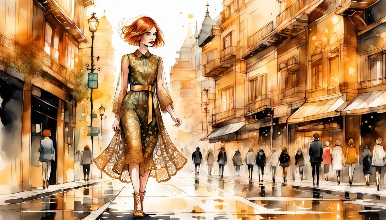 Ginger Woman in Futuristic City: Whimsical Ink Illustration