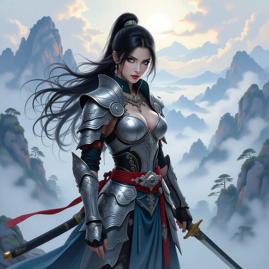 Oriental Warrior on Mountaintop in Fantasy Oil Painting Styl...