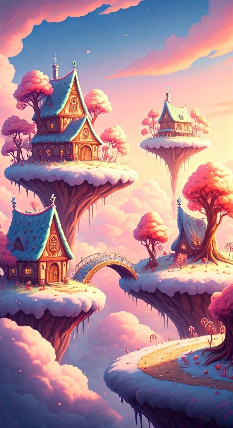 Fantasy Villages on Clouds in Art Nouveau Style