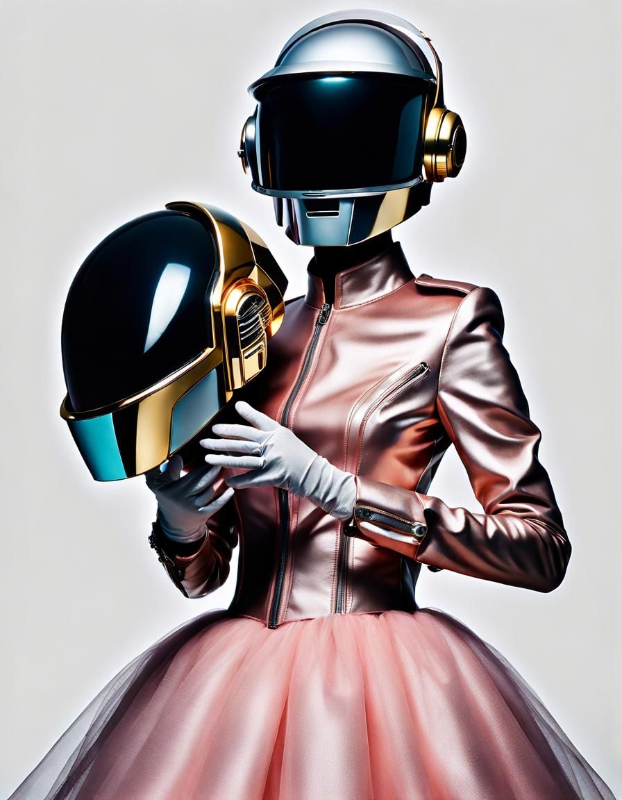 Woman in Pink Tulle Dress with Daft Punk Helmet