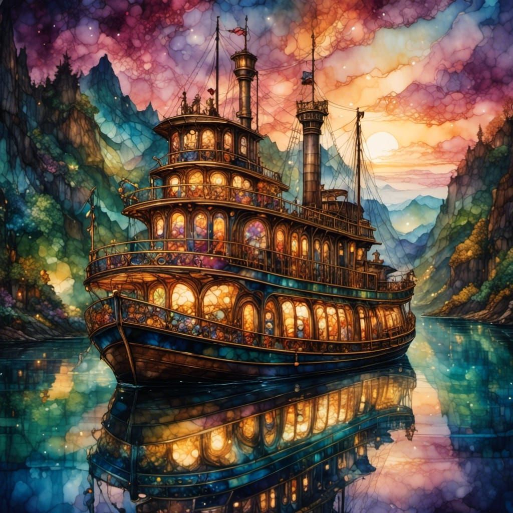 Fantasy Riverboat at Dusk in Alcohol Ink Style