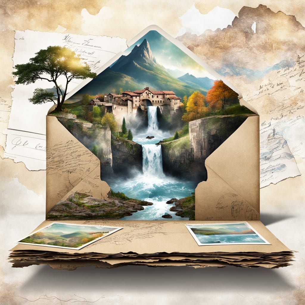 Double Exposure: Parchment Envelope Reveals Countryside Land...