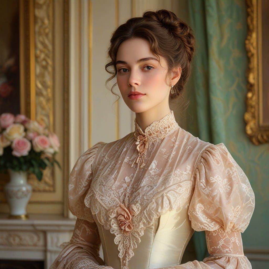 Victorian Woman in Parlor: A Romantic Oil Painting