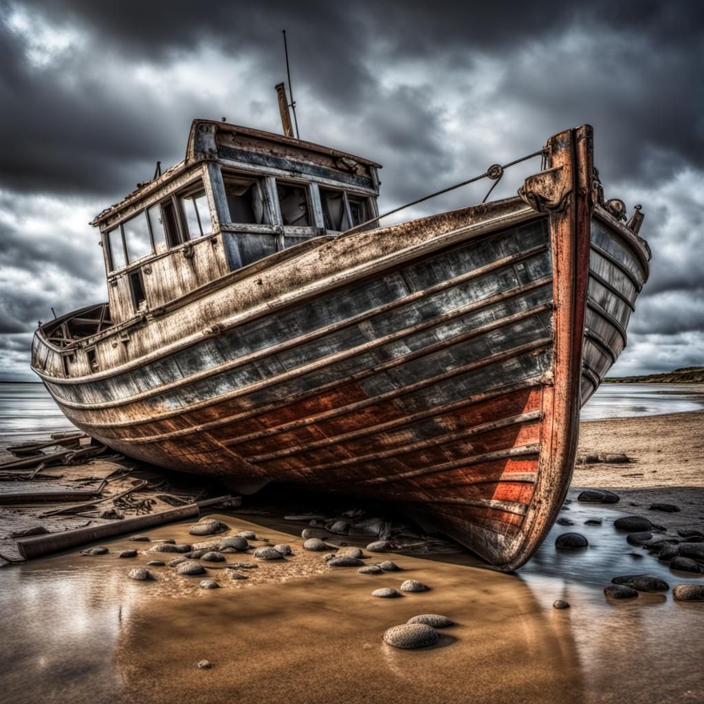 Hyperrealistic Old Boat Washed Ashore on Beach