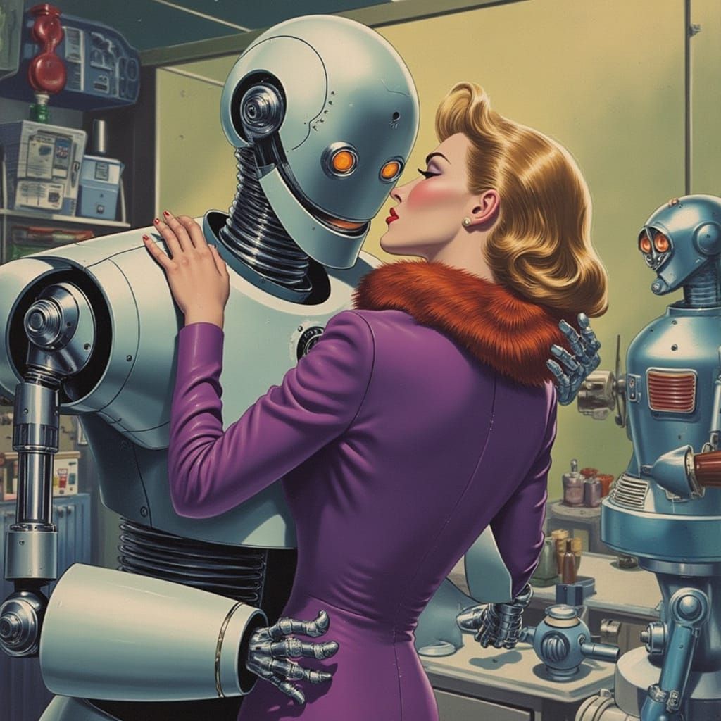 Robot's Tender Embrace: A Retro-Futuristic Comic Scene