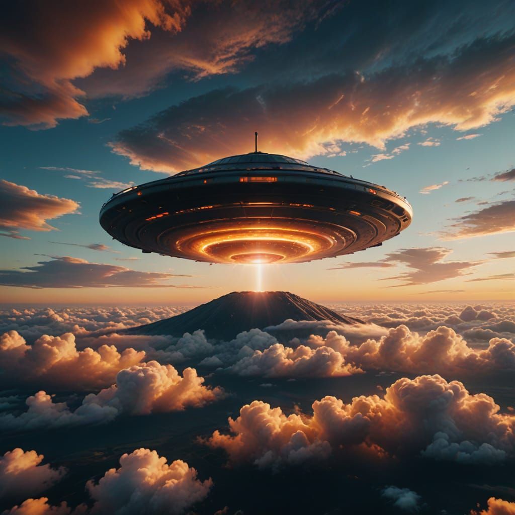 Ethereal UFO Emerges from Cloudy Sunset Haze in Cinematic Fi...