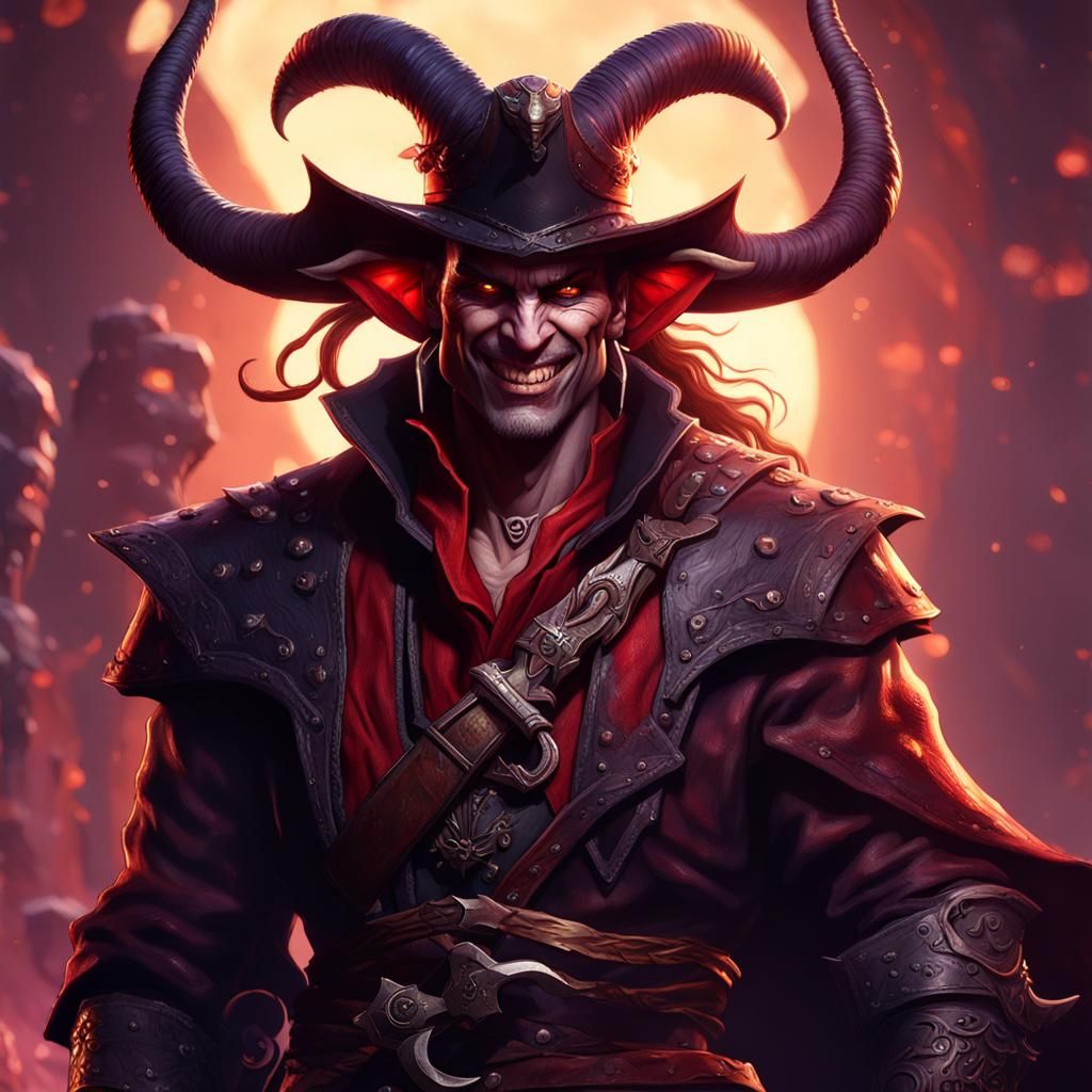 Sinister Red Tiefling Pirate in Dark Fantasy Style