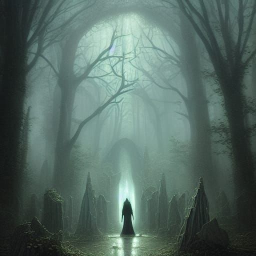 Ethereal Elf Priestess in Dark Cemetery, Fantasy Art