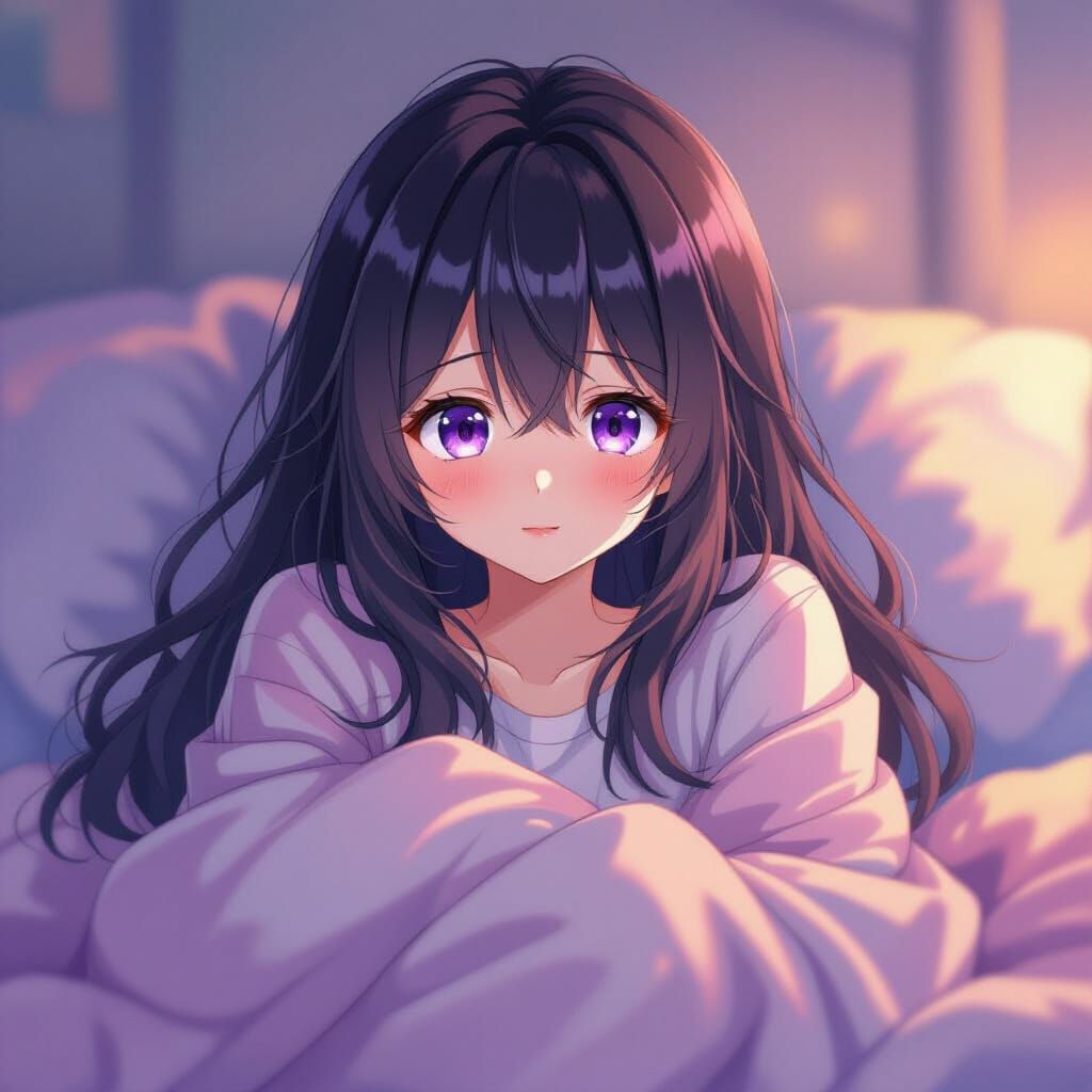 Anime Girl in Pajamas With Purple Eyes Wrapped in Blanket