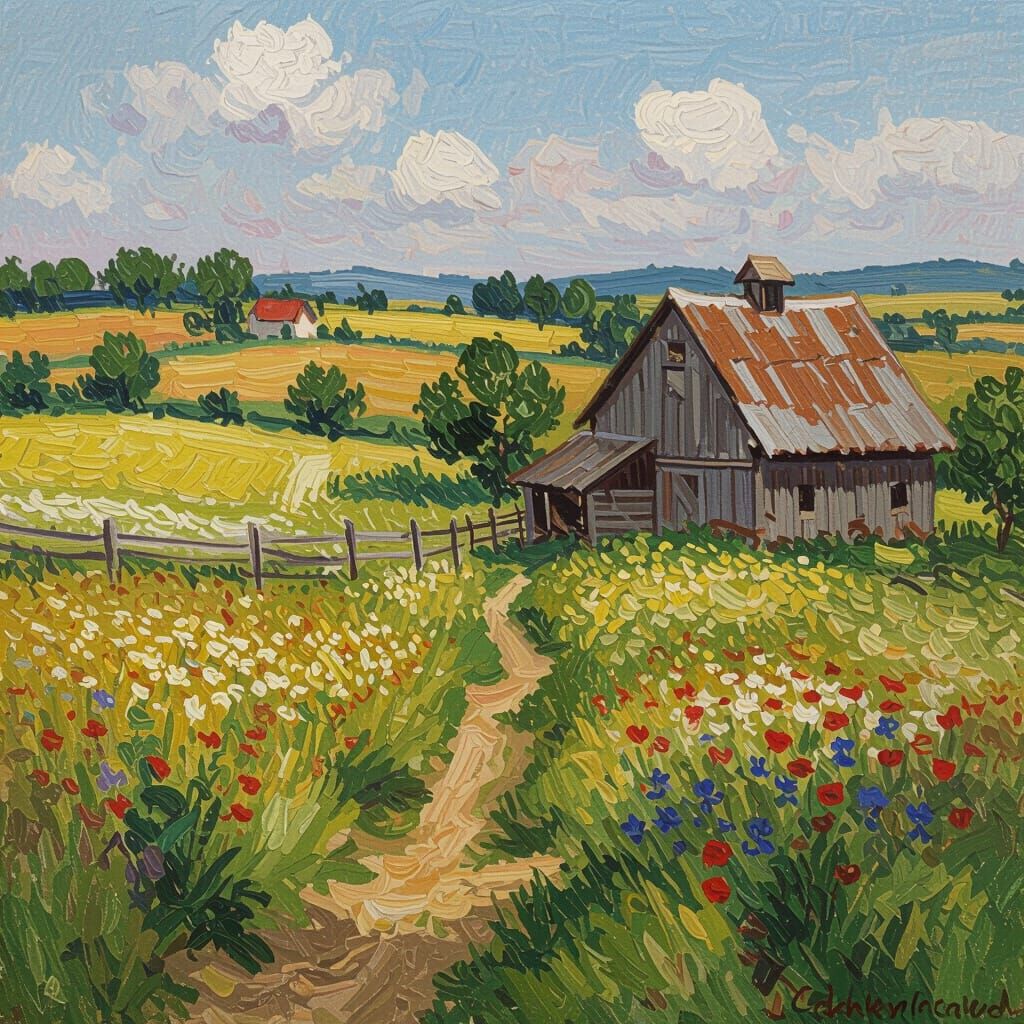 Idyllic Countryside Farm in Impressionistic Style