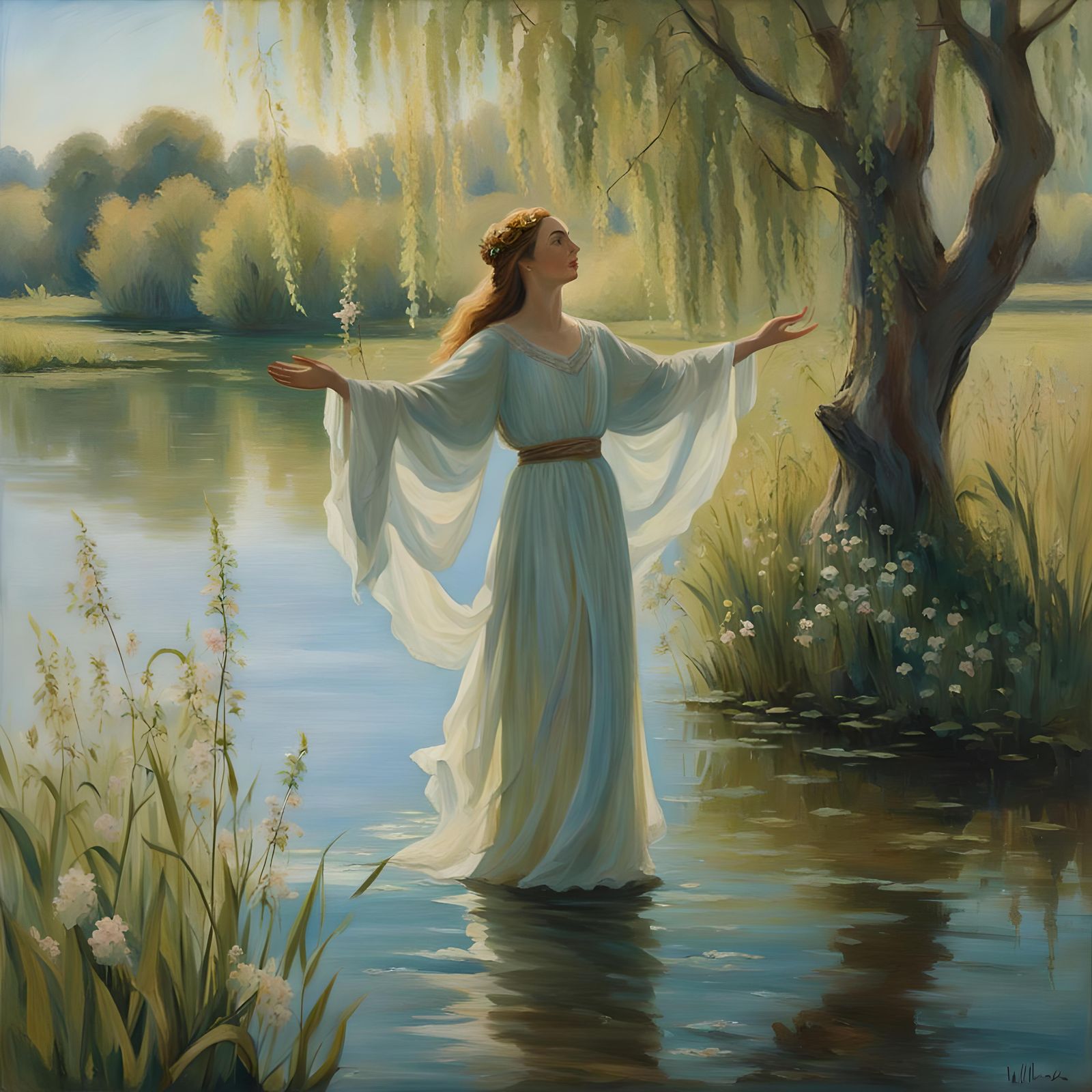 Ethereal Water Nymph Emerges from Lake: Plein Air Painting