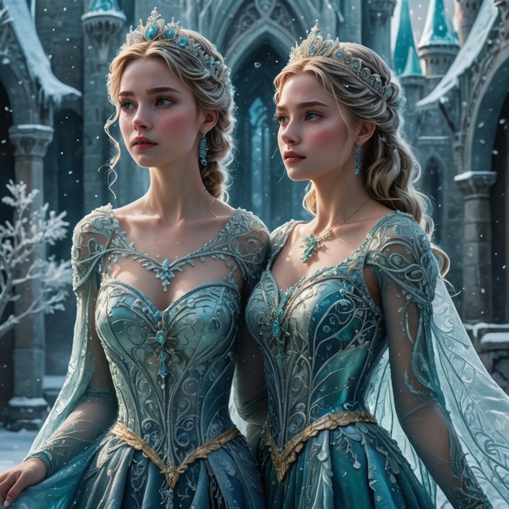 Regal Ice Princesses in Frozen Castle Courtyard