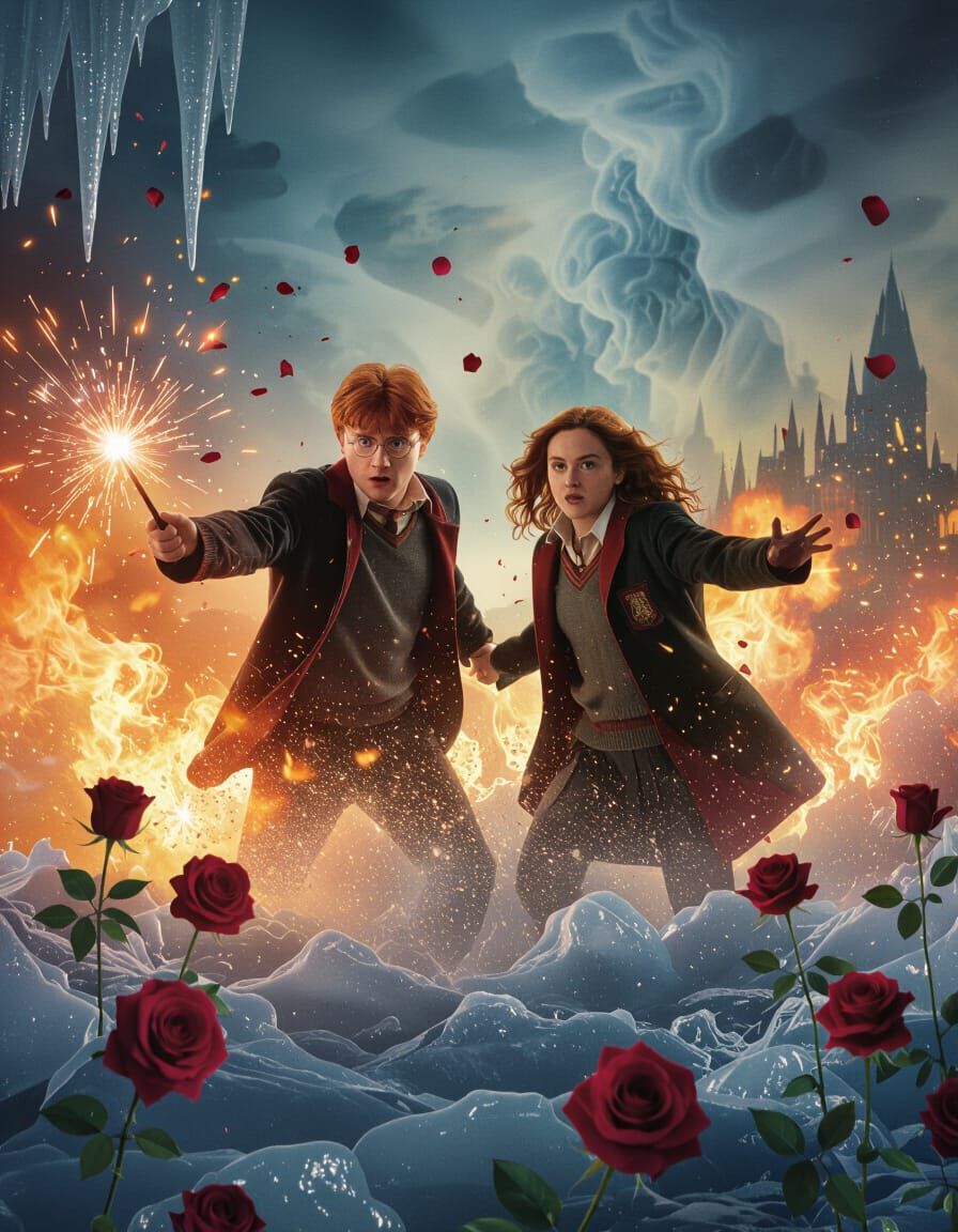 Fiery Explosion with Frozen Roses, a Surreal Still