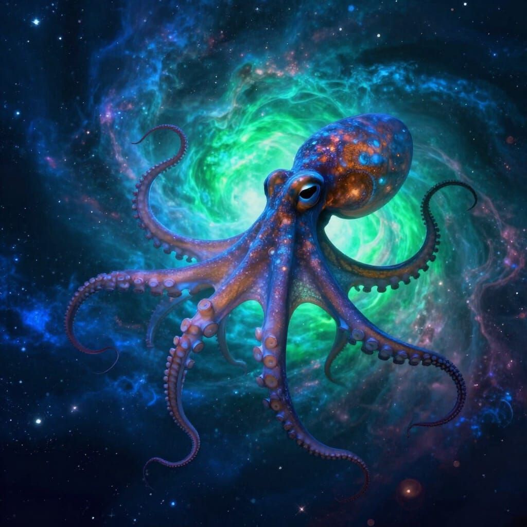 Colossal Bioluminescent Octopus in Cosmic Ocean