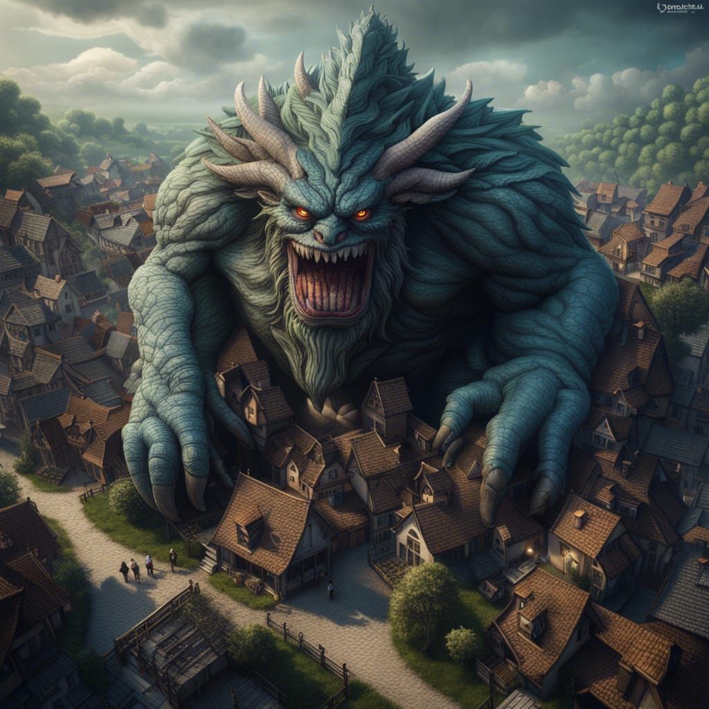 Towering Monster Over Village in Hyperdetailed Fantasy Art