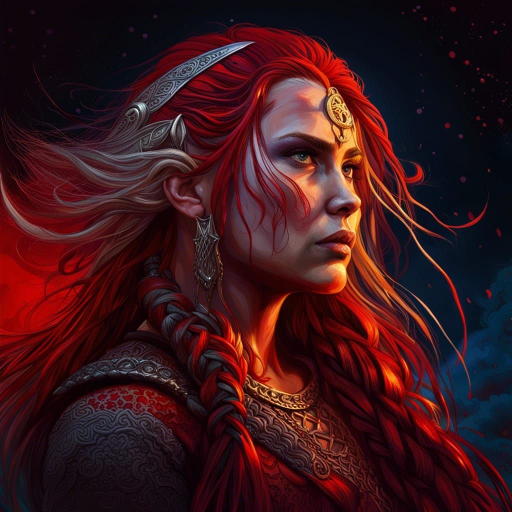Viking Woman with Red Hair Gazing at Moon