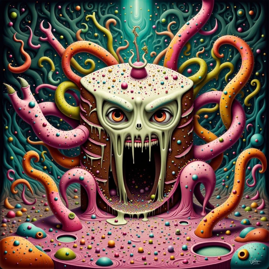 Enraged Monster Cake Devours Everything in Surrealist Style