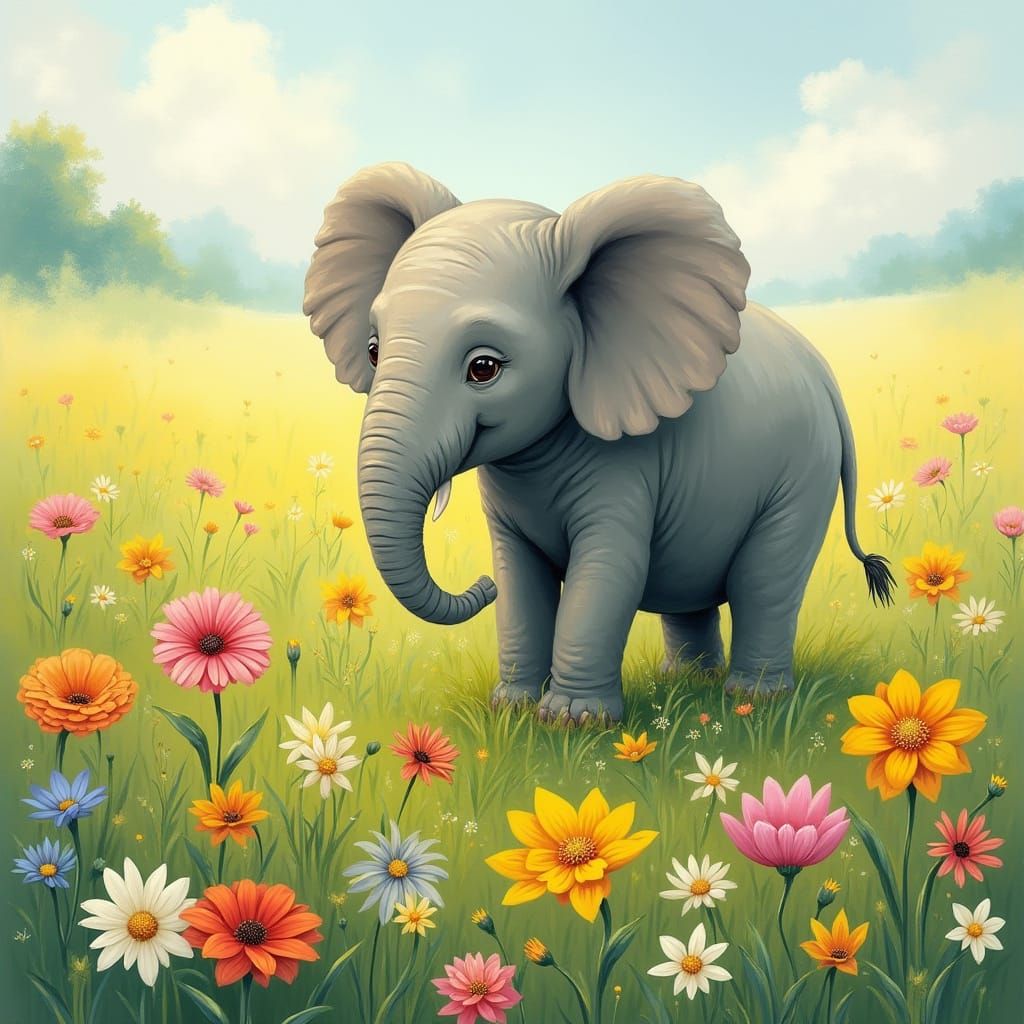 Elephant in Flower Field: Impressionist Style