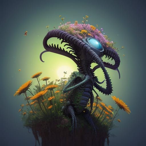 A surreal alien covered in wildflowers