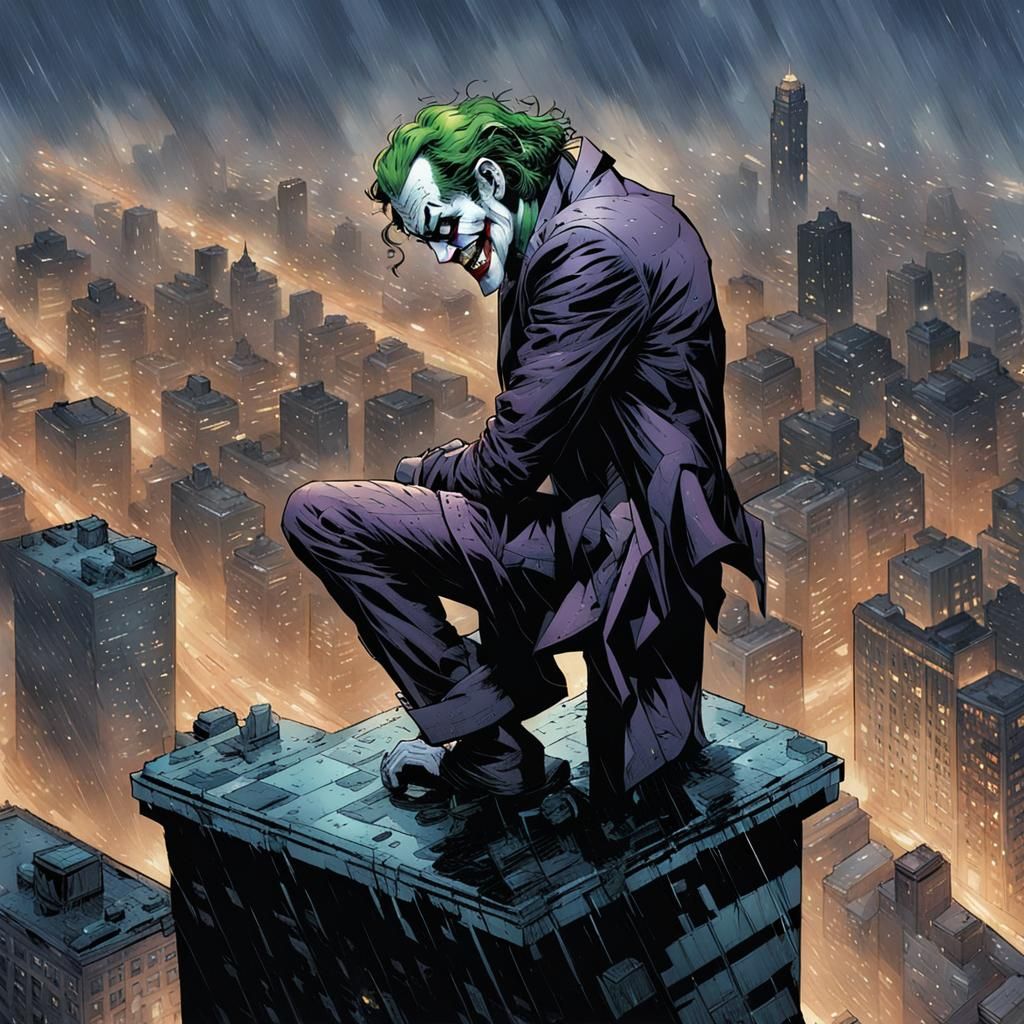 Joker Overlooking Rainy City, Comic Book Art
