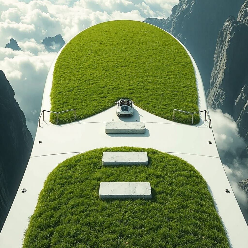 Futuristic Surfboard Airship in Whimsical Landscape