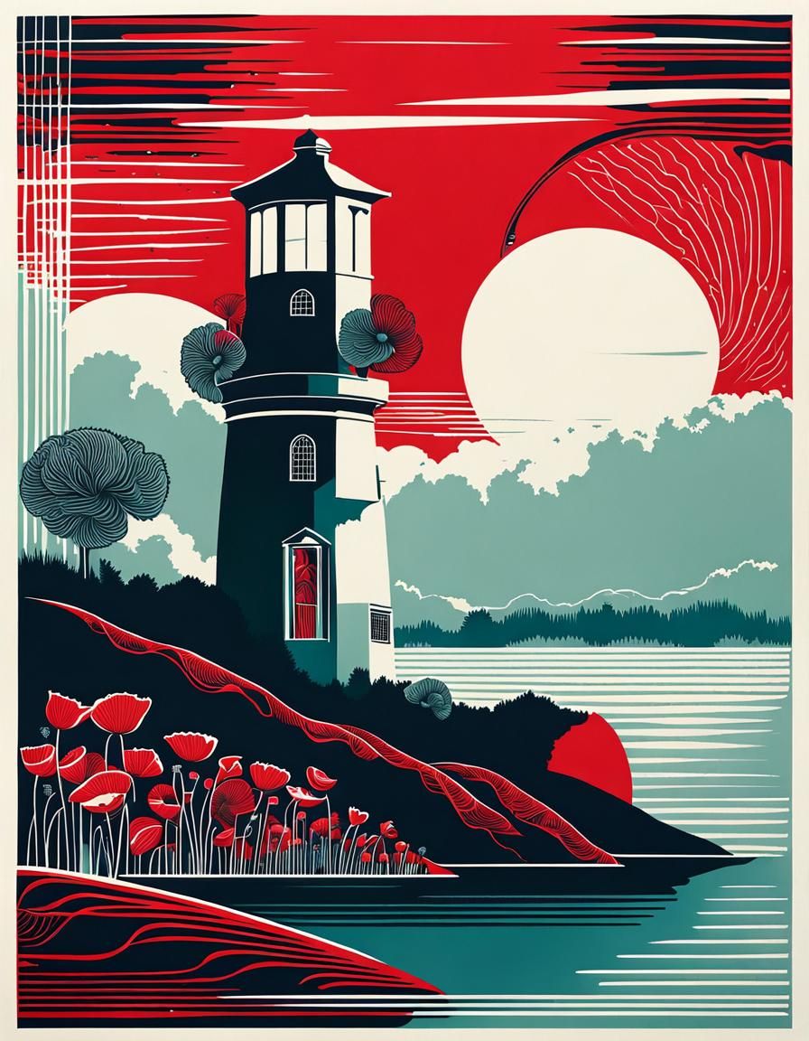 Ethereal Poppy in Linocut Style