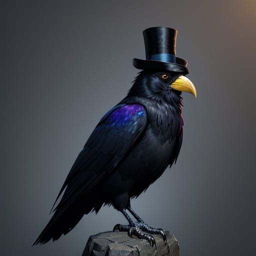 Majestic Raven in Top Hat, Against a Vibrant Sunset Backgrou...