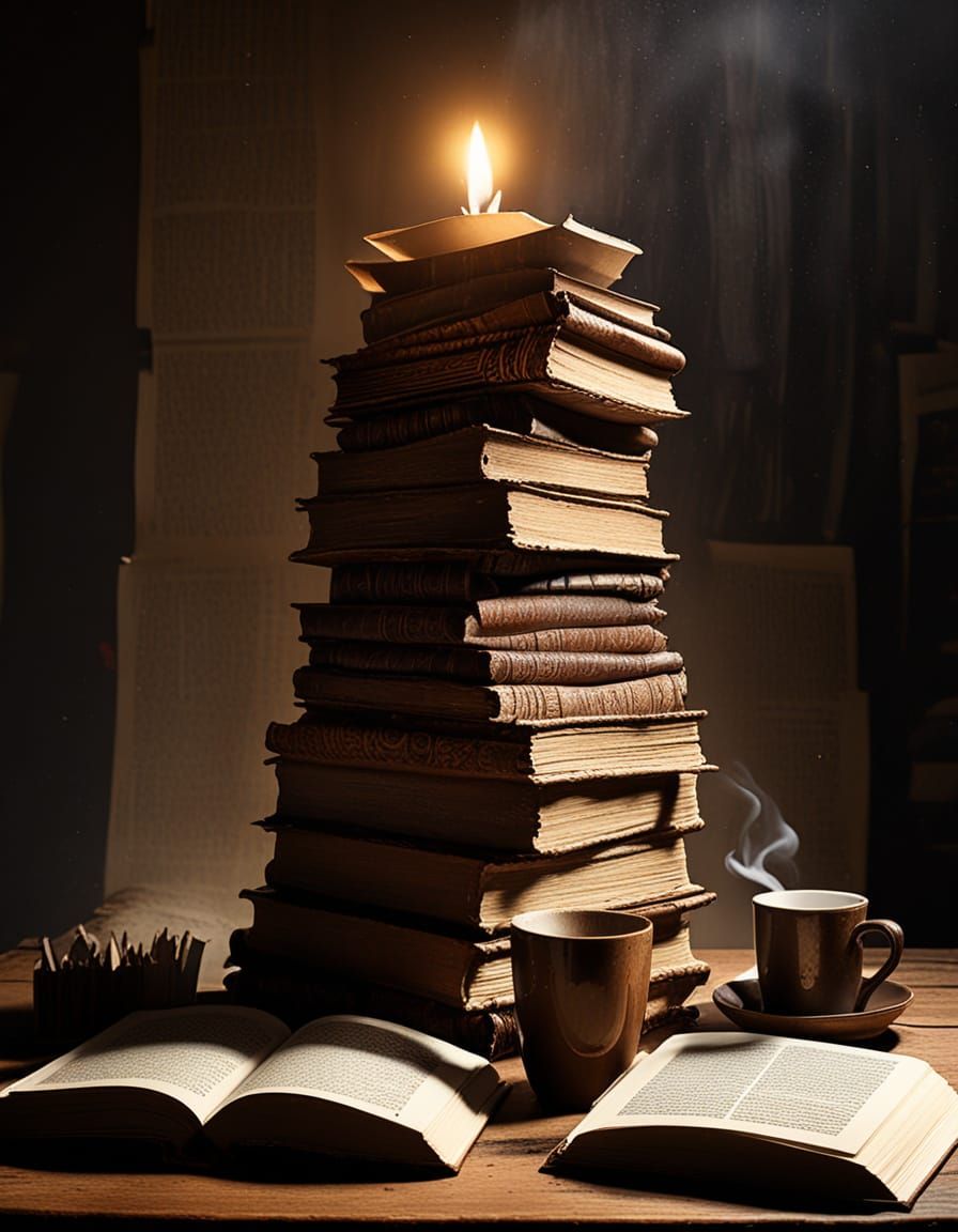 Ancient Books Under Siege by Spilled Coffee, Cinematic Still...