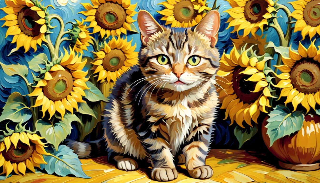 Sunflowers Tossed by Whiskered Feline in Impressionist Brush...