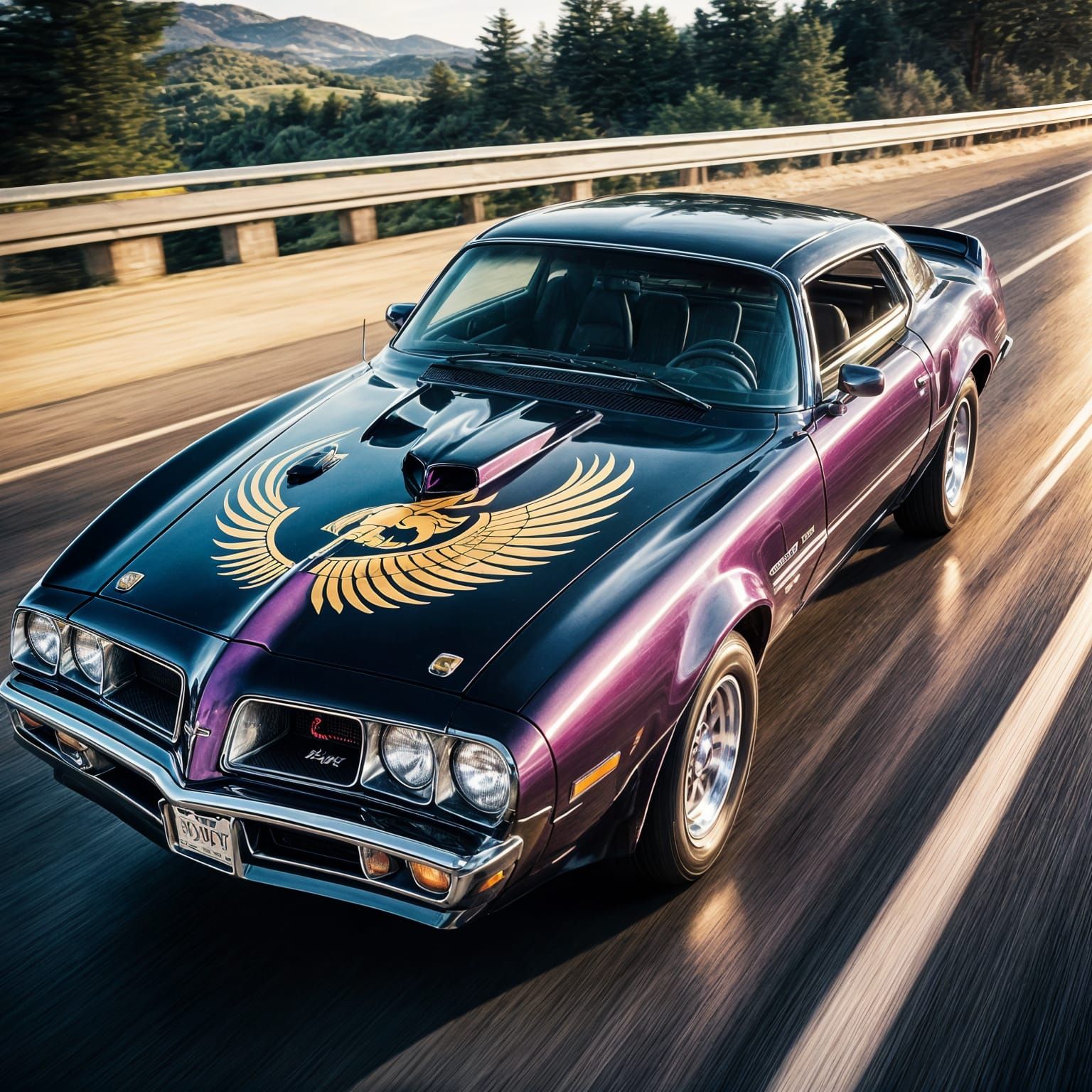 A close-up side view of a dark purple 1977 Pontiac Firebird showcasing its sleek curves and shiny details, driving throu...