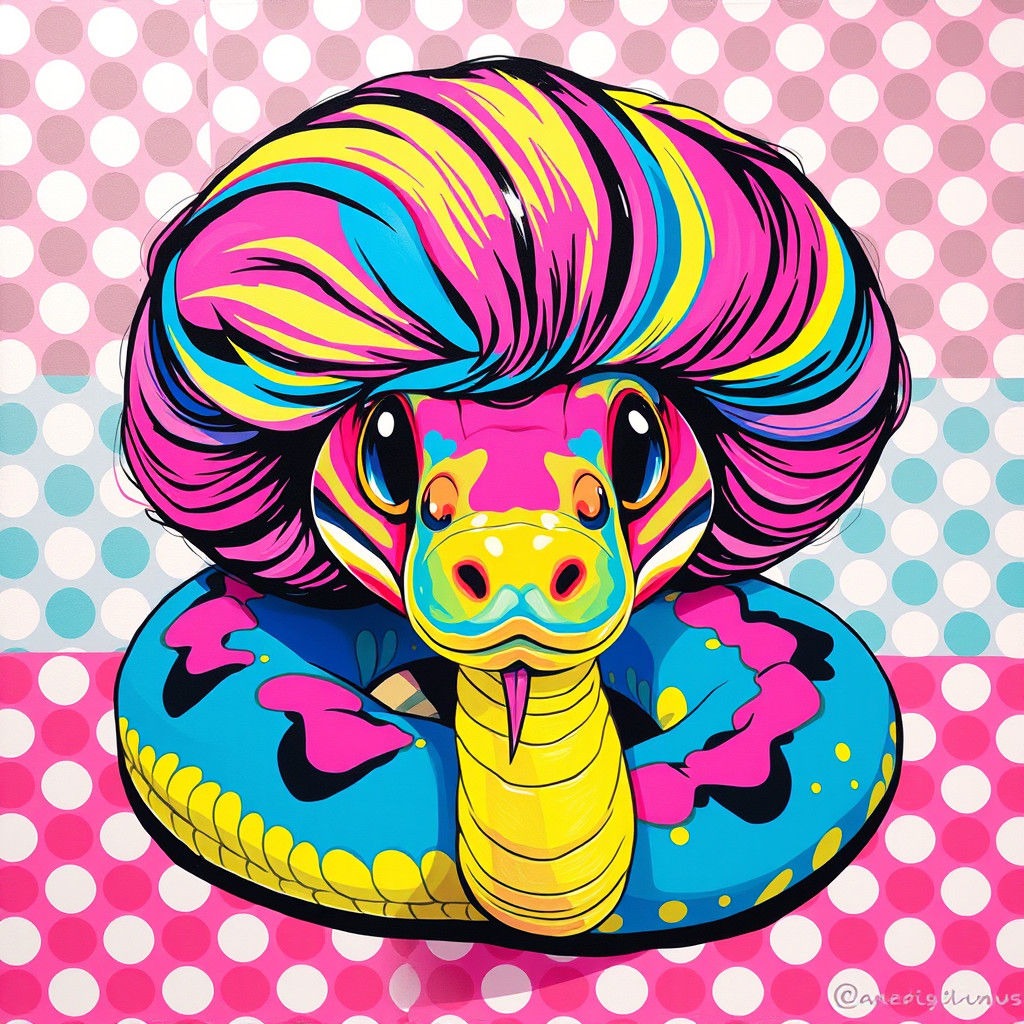 Colorful Snake with Wig in Japanese Pop Art Style