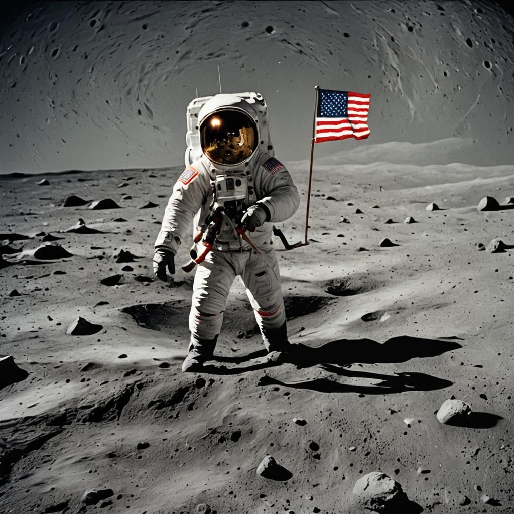 American Astronaut Planting Flag on Moon: Cinematic Vivid Co...