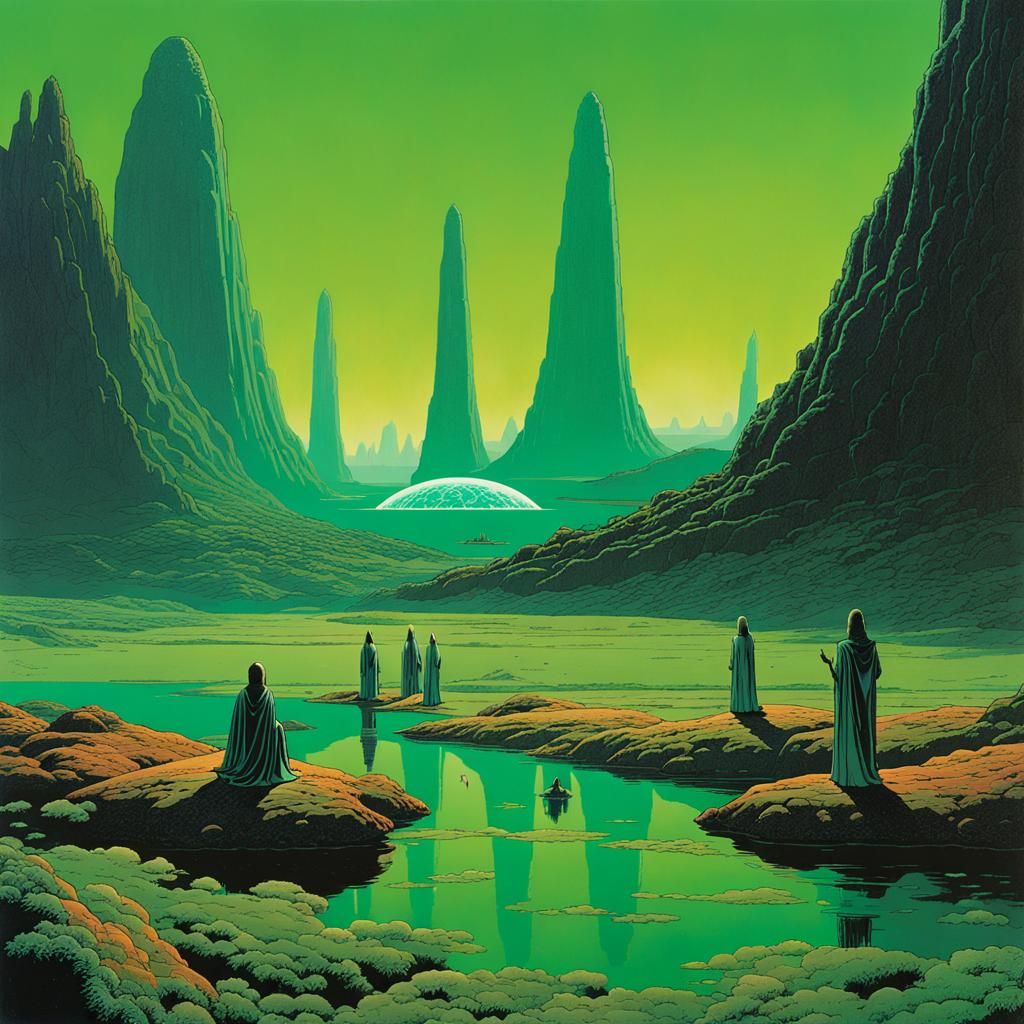 Mystical Alien Warlocks in Sci-Fi Landscape